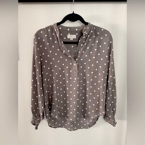 LOFT Taupe Polka Dot Button-Front Blouse